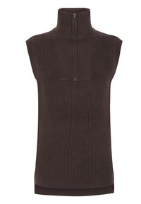 Ärmelloser brauner Strickpullover mit hohem Kragen und Viertelreißverschluss. Verfügt über eine gerippte Textur, einen leicht verlängerten Rücken und seitliche Schlitze.