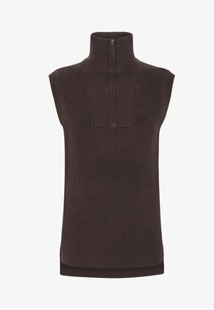 Pullover in maglia marrone senza maniche con colletto alto e chiusura a zip quarti. Presenta una texture a coste, un dietro leggermente allungato e spacchi laterali.