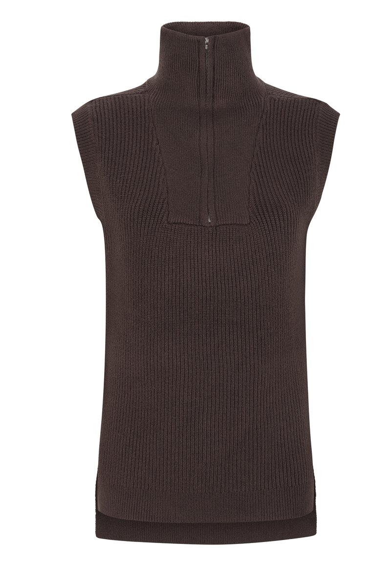 Ärmelloser brauner Strickpullover mit hohem Kragen und Viertelreißverschluss. Verfügt über eine gerippte Textur, einen leicht verlängerten Rücken und seitliche Schlitze.