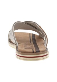 Men's flip-flop sandal with a woven beige strap, brown suede footbed, striped accents, and durable outsole. Lightweight and open design.