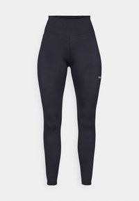 Leggings neri a vita alta realizzati in tessuto elasticizzato, con una superficie liscia e un piccolo logo sulla parte inferiore della gamba. Design aderente.
