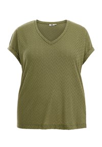 Olivgrön V-ringad t-shirt i strukturerad tyg med fiskbensmönster, med korta uppvikta ärmar och en avslappnad passform.