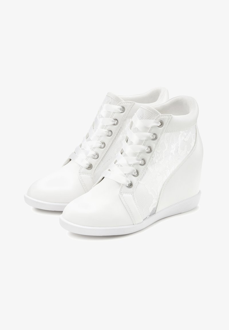 White high-top wedge sneakers with a smooth leather upper, lace details, and mesh side panels featuring a subtle pattern. Rubber sole.