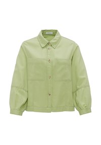 Veste boutonnée vert clair avec deux poches avant, un col pointu et de longues manches bouffantes avec des poignets boutonnés.