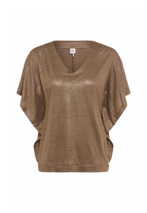 Locker sitzendes Bronze-Schimmer-Oberteil mit kurzen Ärmeln, V-Ausschnitt und weiten Armausschnitten, mit Brax-Label, vor einfarbigem weißem Hintergrund.
