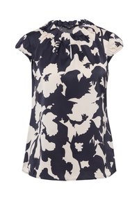 Navy blue and cream floral blouse with cap sleeves, pleated neckline, and a soft, smooth texture. Floral pattern in contrasting colors.