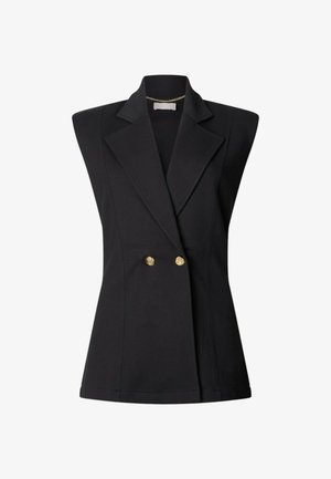 Blazer nero senza maniche con spalle imbottite, ampi risvolti e due bottoni dorati sulla chiusura frontale.