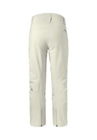 Helle beige Outdoor-Hosen mit glatter Textur, im eleganten Schnitt, mit Reißverschluss an den Säumen und einem dezenten Logo auf der Rückseite.