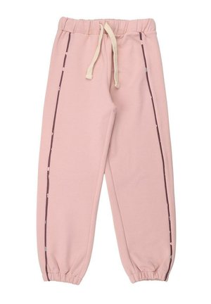 Rosa Jogginghose mit elastischem Bund und Kordelzug. Mit dunkellila Seitenstreifen und elastischen Bündchen an den Knöcheln. Weicher Stoff.