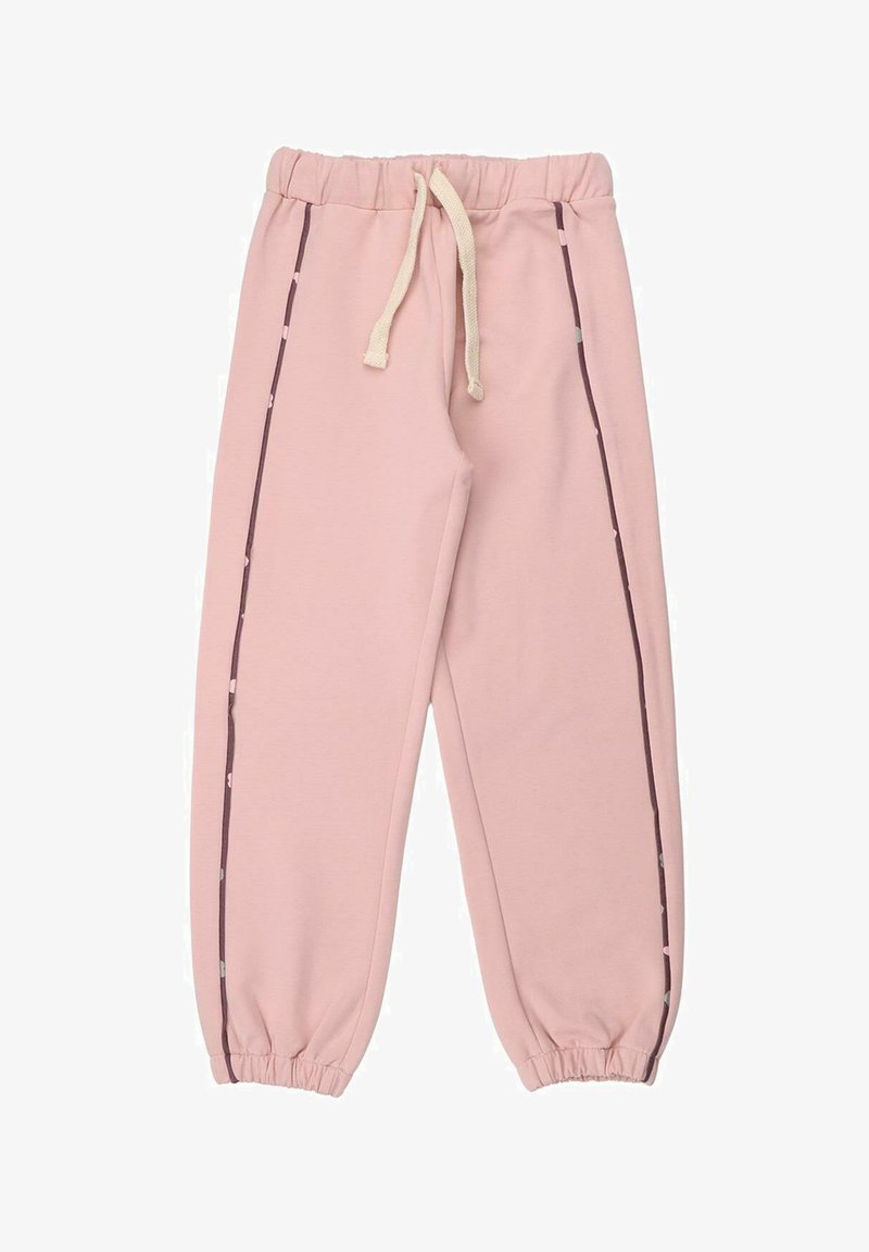 Pink sweatpants with an elastic waistband and drawstring. Features dark purple side stripes and elastic cuffs at the ankles. Soft fabric texture.