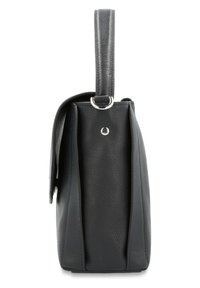 Black leather handbag with a grainy texture, a single top handle, and a magnetic flap closure; features neat stitching and silver hardware accents.