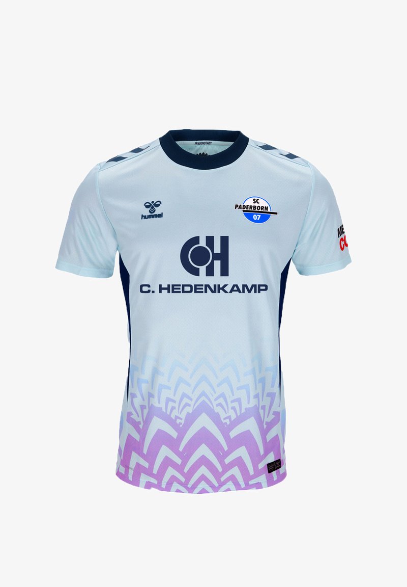 Light blue SC Paderborn 07 football jersey with purple geometric pattern at the bottom, dark blue collar, and sponsor logos on chest and sleeve.