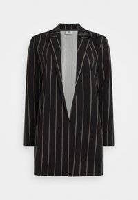 Svart kavaj med vertikala ränder i vitt, rosa och beige. Har slagkrage, öppen fram och långa ärmar. Slät textur.