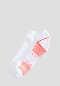 Vita ankelsocka med en texturerad design i korall, med ett mönstrat rand och prickiga detaljer på sidorna. Mjuk, elastisk material.
