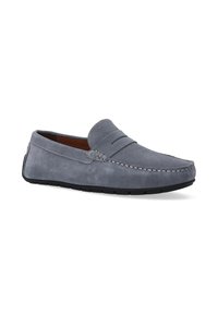 Grau Wildleder Slipper-Loafer mit gesticktem Detail auf dem Blatt und einer gummierten Sohle für besseren Grip. Glatte Textur, klassisches Design.