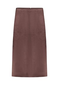 Bruine suède midi-rok met zichtbare verticale en horizontale naden en een ritssluiting aan de achterkant.