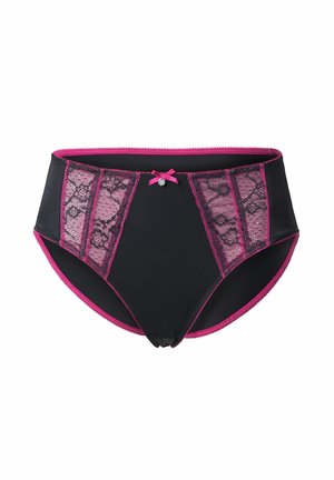 Černé kalhotky s vysokým pasem, zdobené růžovými krajkovými panely, malou růžovou mašličkou vpředu a kontrastním lemováním podél okrajů.