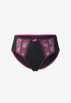 Zwart hoog-getailleerd ondergoed met roze kanten panelen, een klein roze strikje aan de voorkant en contrasterende biezen langs de randen.