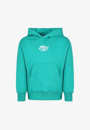 Felpa turchese realizzata in una morbida miscela di cotone, con tasca frontale, polsini a costine e un logo geometrico bianco sul petto.