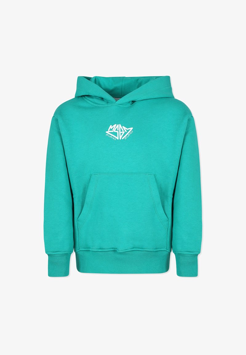 Felpa turchese realizzata in una morbida miscela di cotone, con tasca frontale, polsini a costine e un logo geometrico bianco sul petto.