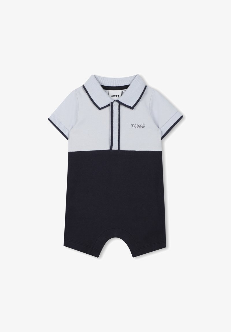 Fausse-polo pour bébé en bleu clair et marine, avec manches courtes, col, et un petit logo 'BOSS' sur la poitrine.