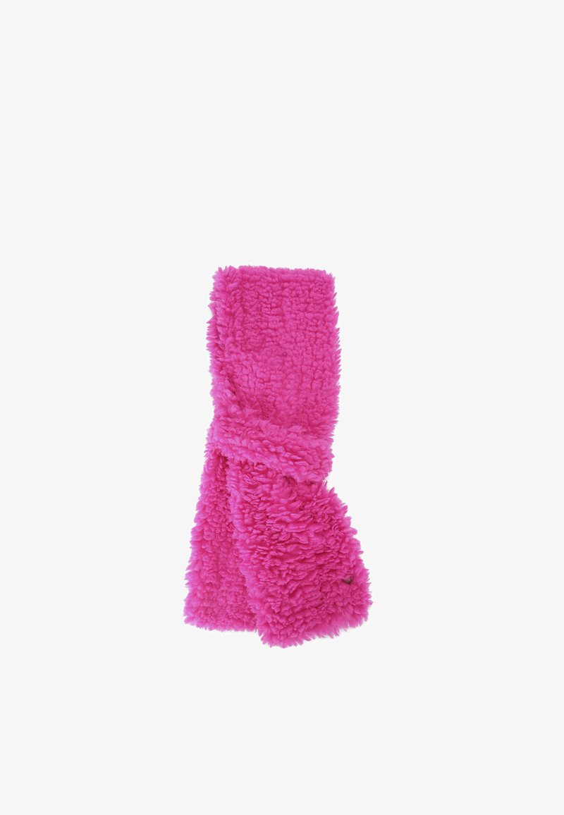 Écharpe rose floue en tissu doux et pelucheux. Présente un design torsadé pour un look et une sensation douillets. Mesure environ 10 cm de large.