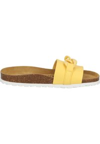 Gelbe Rutschsandale mit knotenförmigem Riemen, Korkfußbett und weißer Gummisohle. Das Obermaterial zeichnet sich durch eine glatte Textur aus.