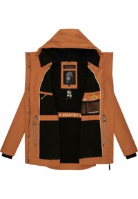 Orange outerwear jacket with a spacious interior, black lining, multiple pockets, and branding details. Features a hood and zippered front.