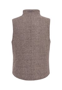 Braune Fischgrätenweste mit hohem Kragen, ärmellosem Design und glatter Textur. Verfügt über eine gerade Rückennaht und subtile Steppdetails.