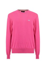 Klarr rosa långärmad tröja med rund hals, ribbade manschetter och nederkant, samt en liten blå broderad logotyp på vänster bröst.
