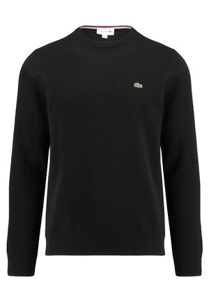 Maglione nero lavorato a maglia con collo rotondo, dotato di un piccolo logo di coccodrillo verde sul petto e polsini e orlo a costine. Texture morbida.