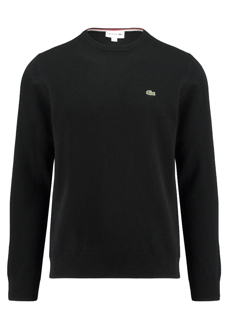 Svart stickad tröja med rund hals, prydd med en liten grön krokodil-logga på bröstet samt ribbade ärmslut och nederkant. Mjuk textur.