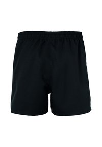 Zwarte shorts met een elastische tailleband; gladde, lichte stof; eenvoudig ontwerp, geen zakken of zichtbare versieringen.