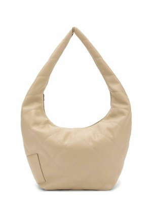 Borsa a tracolla in pelle beige trapuntata con una forma morbida a hobo e una singola maniglia curva. Presenta una tasca laterale per una maggiore funzionalità.