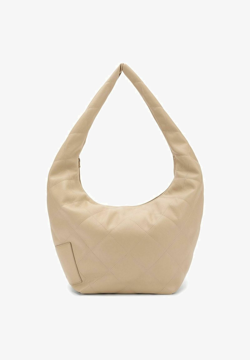 Borsa a tracolla in pelle beige trapuntata con una forma morbida a hobo e una singola maniglia curva. Presenta una tasca laterale per una maggiore funzionalità.