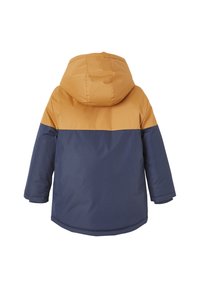 Zweifarbige Winterjacke für Kinder mit senfgelber Kapuze und oberem Teil, navyblauem unteren Teil und Ärmeln, von hinten betrachtet.