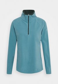 Petrolowy polar z długimi rękawami i kołnierzem z suwakiem do ćwiartki, z raglanowymi rękawami i gładką fakturą. Subtelne logo na rękawie.