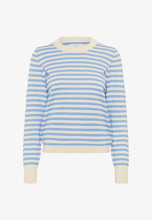 Pull en tricot rayé bleu clair et crème avec un col rond et des manches longues. Présente des poignets et un ourlet côtelés contrastants.