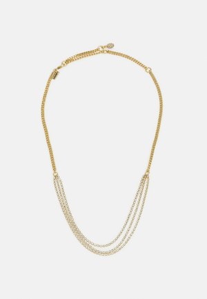 Gold-tone necklace with layered chains; features a flat link design, an adjustable clasp, and a sparkling accent detail.