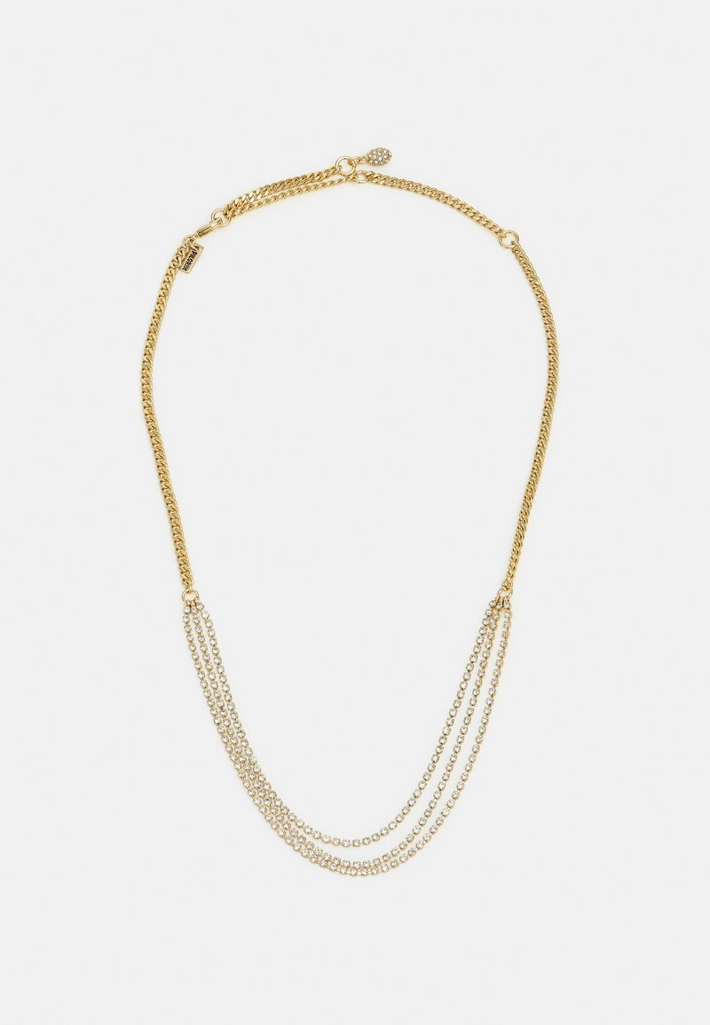 Kulta-sävyinen kaulaketju, jossa on kerrostettuja ketjuja; sisältää litteän linkkimuotoilun, säädettävän lukon ja kimaltavan yksityiskohdan.