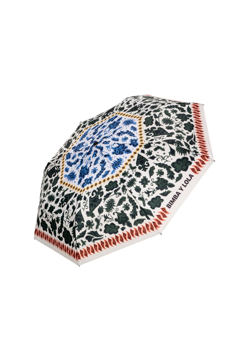 Avatud vihmavari keerukate lillemusteritega sinises, rohelises, kollases ja punases, mille ääres on tekst "BIMBA Y LOLA".
