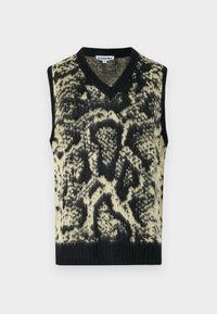 Zwart en crèmekleurig mouwloos sweater vest met een V-hals, met een abstract patroon van dierenprint en een geribde zoom. Gebreide textuur.