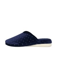 Pantofole blu navy realizzate in tessuto morbido, con motivo a pois e punta arrotondata. La suola è bianca, offrendo contrasto e supporto.