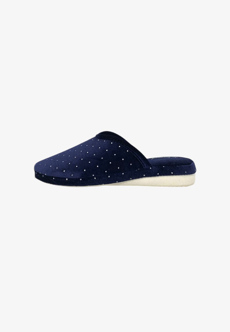 Pantofole blu navy realizzate in tessuto morbido, con motivo a pois e punta arrotondata. La suola è bianca, offrendo contrasto e supporto.