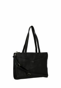 Zwarte leren tote bag met dubbele handvatten en een afneembare schouderband. Het heeft een diagonale naadontwerp en een gestructureerd oppervlak.