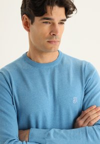 Pull en maille bleu clair avec un col rond. Présente des poignets et un ourlet côtelés, ainsi qu'un petit logo brodé sur la poitrine. Texture lisse.