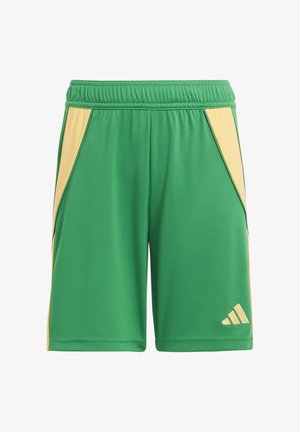 Pantaloni sportivi verdi in tessuto traspirante. Presentano pannelli laterali gialli e un logo Adidas dorato in basso a sinistra. Include una cintura elastica.