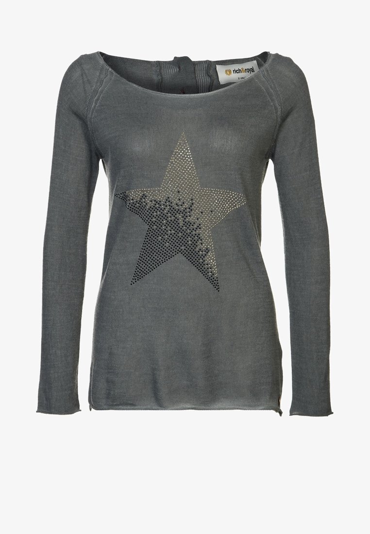 Grauer Langarm-Oberteil aus weichem Stoff. Verfügt über ein großes silbernes Paillettenstern-Design auf der Vorderseite. Schlichte Ausschnitt- und Saumdetails.