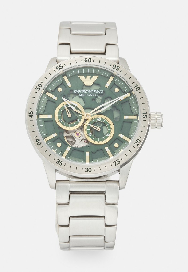 Silberner Edelstahl-Uhren mit einem grünen Ziffernblatt, goldenen Akzenten und drei Unterdials. Verfügt über ein glattes Armband und markante Stundenmarker.