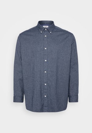 Navy blue button-up shirt, long sleeves, made of textured fabric, featuring white buttons and a classic collar design.